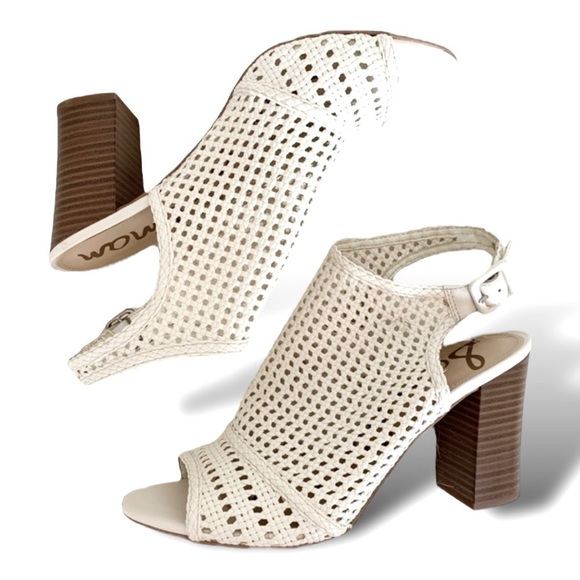 SAM EDELMAN “EVIE” 4”Leather Basket Weave Sandal Women’s 10 Neutral Ivor… - Picture 5 of 12